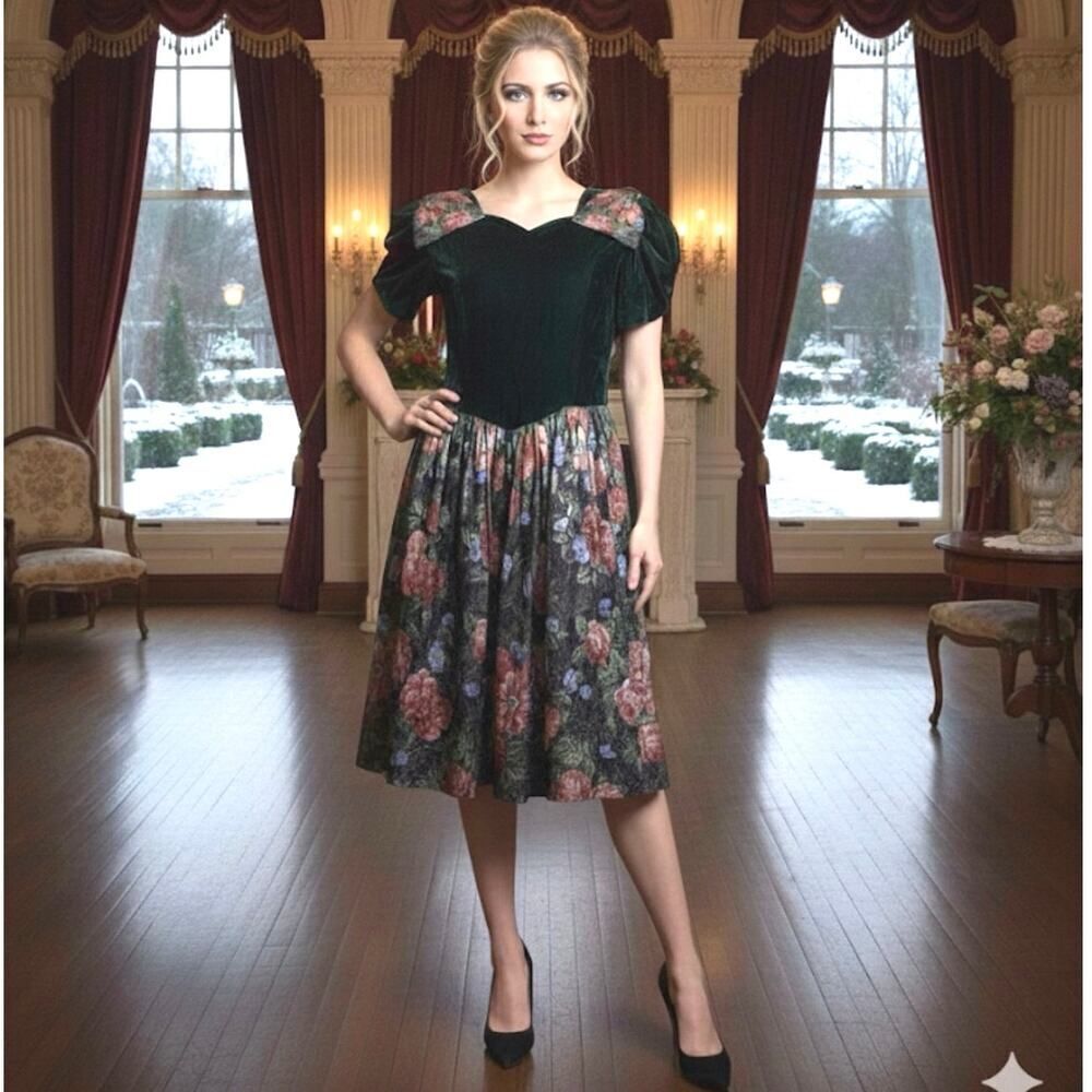 VTG Jessica McClintock Velvet Metallic Floral Victorian Whimsigoth Dress Small - Picture 2 of 16